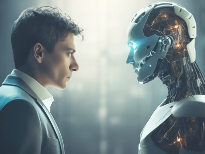 The scene captures the juxtaposition of a humanoid robot in close proximity to a business professional