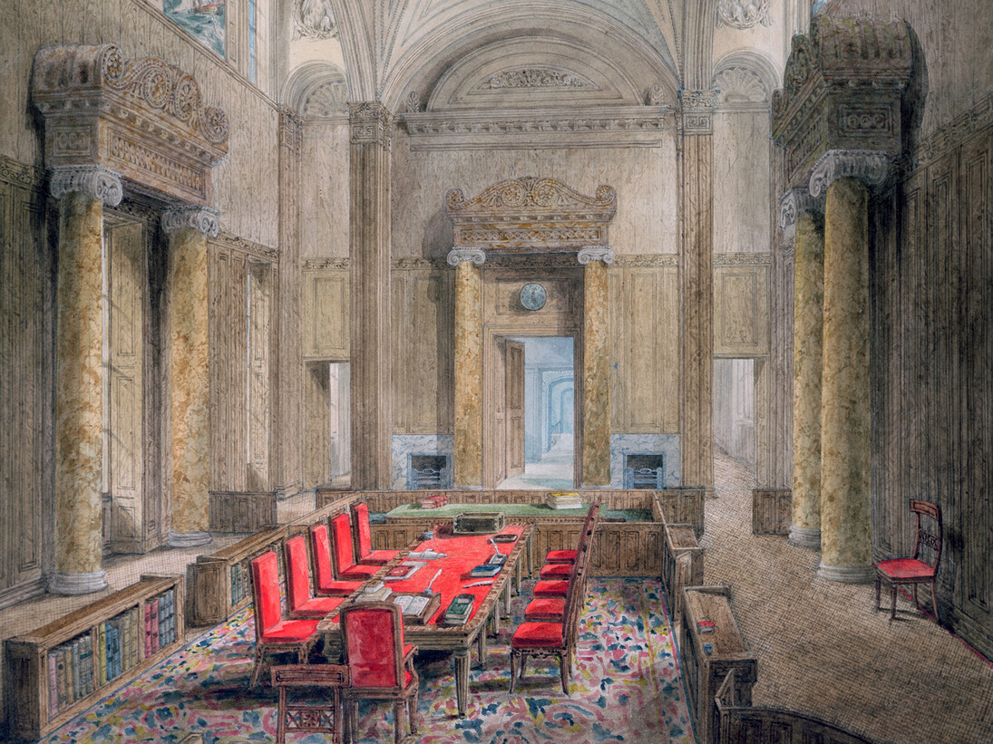 Joseph Michael Gandy RA, Lecture Drawing (detail), Privy Council Chamber, c. 1827, Pencil, pen and ink, and watercolour, 950 x 720mm