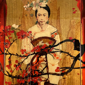 Hung Liu, Red Plum III, mixed media, triptych, 48x60 inches. Courtesy of Nancy Hoffman Gallery