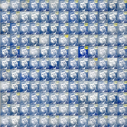 Robert Larson, Blue JFK III, 2014, John F Kennedy matchbooks on canvas, 13 x 13 inches, 33 x 33 cm