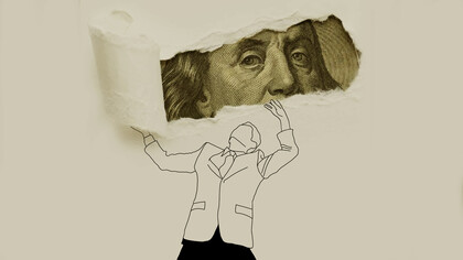 Captivating scene as an individual gracefully holds dollars aloft, embodying the essence of capitalism