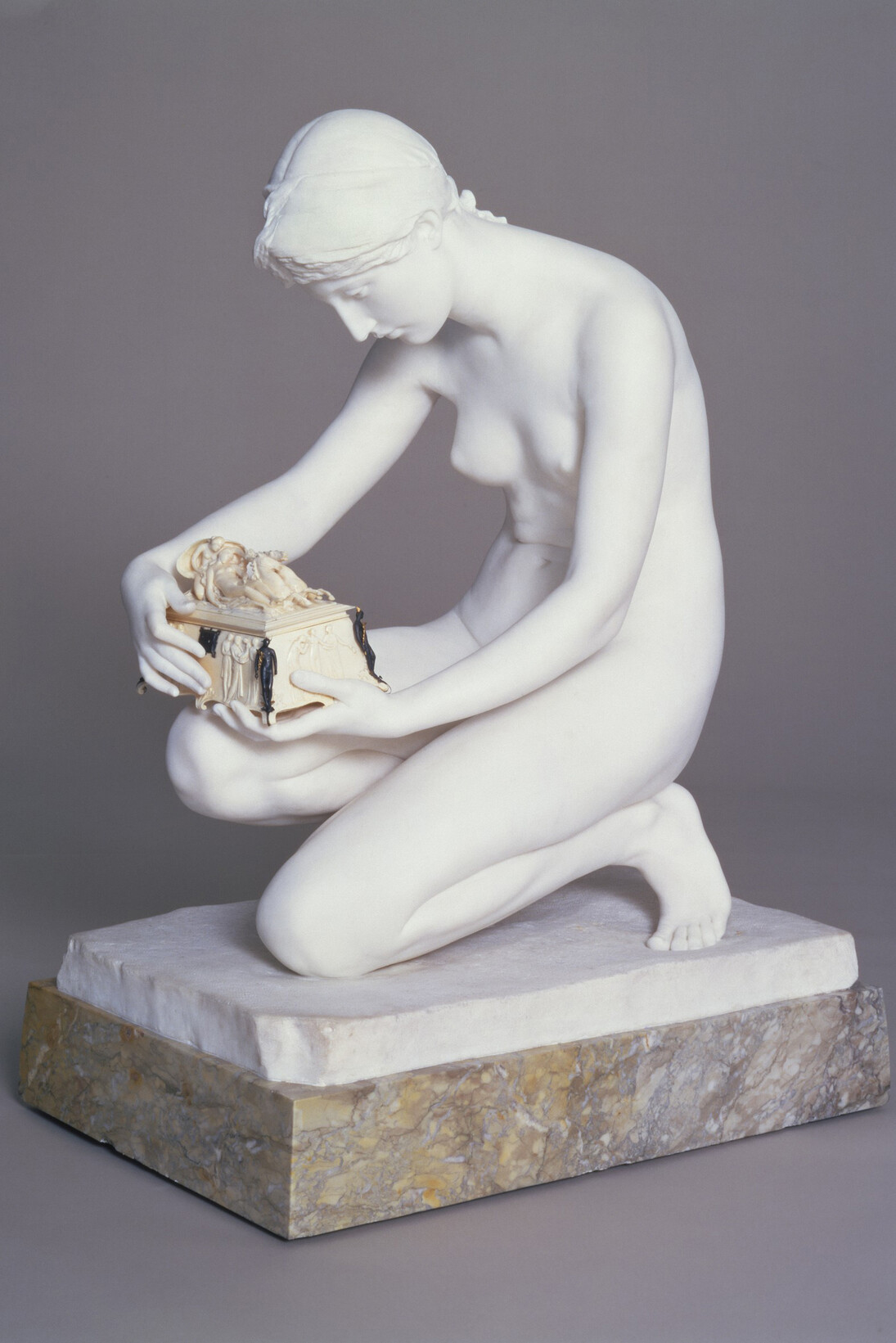 Harry Bates, Pandora exhibited 1891, Marble, ivory and bronze on marble base © Tate, Presented by the Trustees of the Chantrey Bequest 1891 
 
