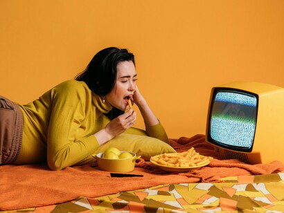 Mulher se distrai em frente à televisão. Falei em séries, mas eu amo ler, eu amo música, filmes e amei também a telenovela juvenil Rebelde (2006), se pensar mais a lista de tudo seria enorme, podemos dizer que vivi cada fase da minha vida com alguma obra como guia, e não me entendam mal aqui não é a síndrome de Peter Pan