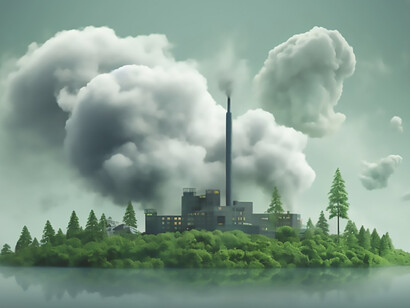 A visual representation of a factory releasing CO2 pollution, starkly juxtaposed against a backdrop of thriving greenery