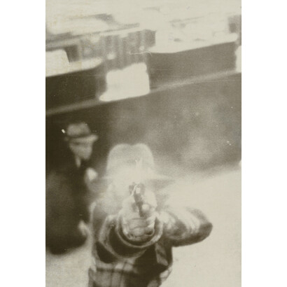 Photographer Unknown, [Bank robber aiming at security camera], 1973,gelatin-silver print, 7-1/4 x 5 inches