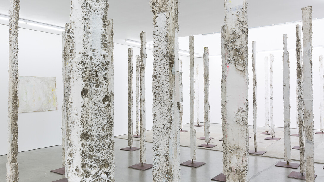Installation view of Jodie Carey's exhibition. Stand, 2017 Plaster, steel, earth, paint and colouring pencil. Dimensions Variable. Copyright Will Amlot. Courtesy Edel Assanti.