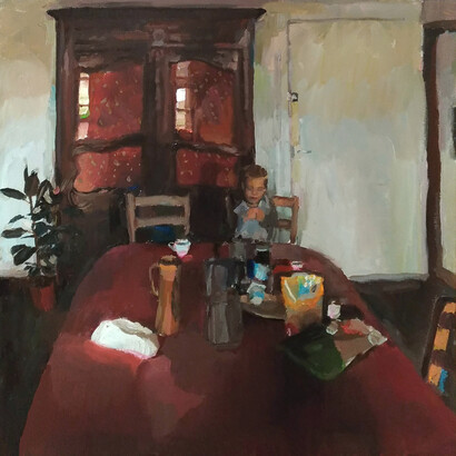 Marc Dailly, La nappe rouge, Oil on canvas, 19.75 x 19.75 (50 x 50cm) 