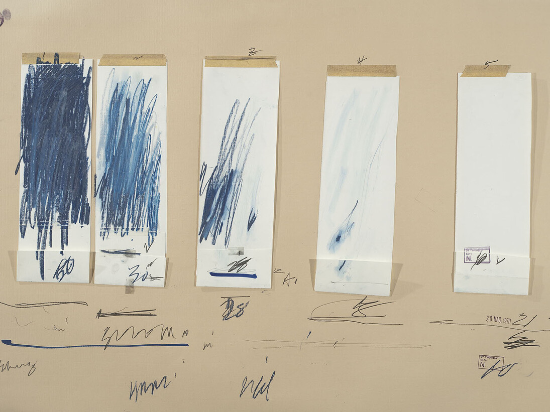 Cy Twombly, Untitled, 1970, Crayon, graphite pencil, colored pencil, ink, tape, and cut, torn, and folded paper on colored paper. The Menil Collection, Houston; Gift of the artist. Photography by Paul Hester ©Cy Twombly Foundation  