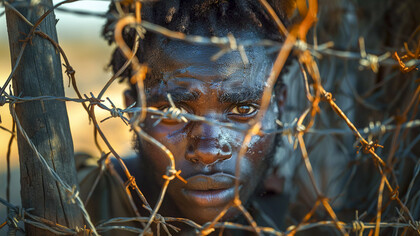 A young man staring through a barrier of wire, reflecting the hardships faced by millions uprooted by war and crisis