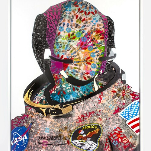 Miss Bugs, We choose to go to the moon, not because it's easy, but because it is hard, Lego figures cast in resin on wood and aluminium with 24-carat gold leaf, 66.93x53.54x2.95 in