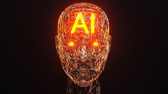 Futuristic AI cloud and robot head on a black backdrop, representing cutting-edge AI technology