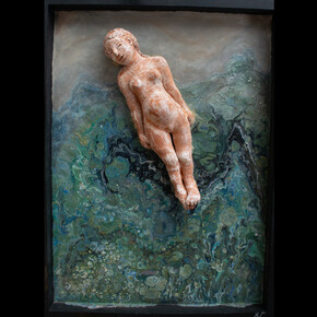Boo Lynn Walsh,
The Price of Passage,
2024,
Acrylic and terracotta sculpture on cradled wood frame,
24 x 16 in/61 x 40.6 cm. Courtesy of the artist and Fountain House Gallery