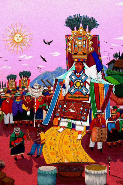 Tigua, Arte desde el centro del Mundo, Ritual de danzante agradeciendo al sol, Fiesta de la
cosecha o Inti Raymi (detalle), Alfredo Toaquiza, 2005