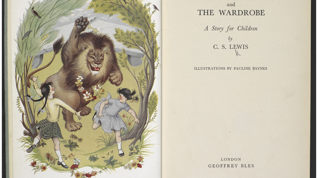 The title page from the 1950 London edition of CS Lewis' The Lion, the witch and the wardrobe. Copyright c CS Lewis Pte Ltd