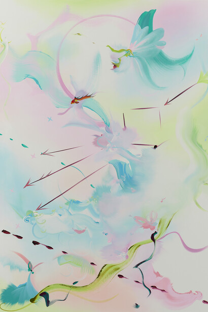 Fiona Rae. "Snow White changes into something rich and strange", 2017, oil on canvas 183 x 129,5 cm. 72 x 51 in. Courtesy the artist and Buchmann Galerie. Photo Antony Makinson at Prudence Cuming Associates, London