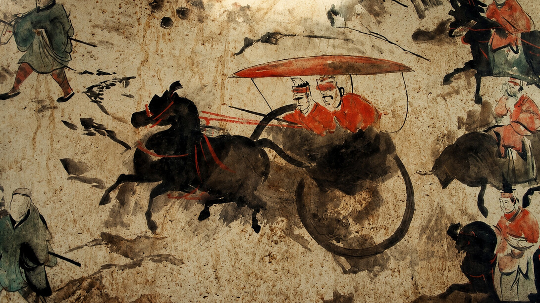 Late Han Dynasty fresco depicting nine chariots, fifty horses, and more than seventy figures, discovered in a tomb in Luoyang, China