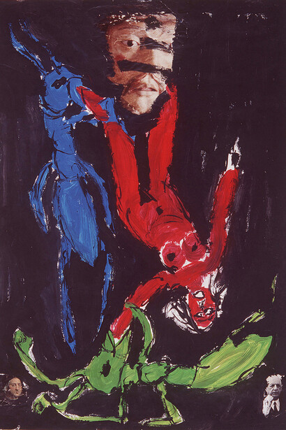 Pedro MoraleidaA, Mulher e Formiga 01, Sem Título, Mulher Vermelha, Formigas Azul e Verde e Jesus Cristo, Acrílica sobre papel, 62 x 44 cm, Acervo família do artista, Foto Daniel Coury