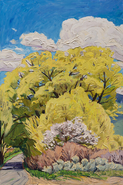 Jivan Lee, Spring Greens and Blossoms, 2023, oil on panel, 60x40 inches. Courtesy the artist and LewAllen Galleries