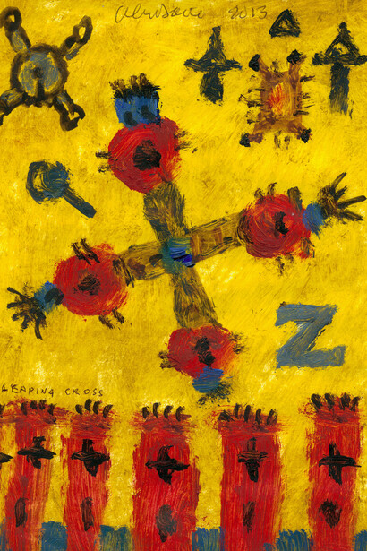 Alan Davie, Leaping Cross opus OG.3776, 2013, oil on paper, 8 1/4 x 5 7/8 in/21 x 15 cm