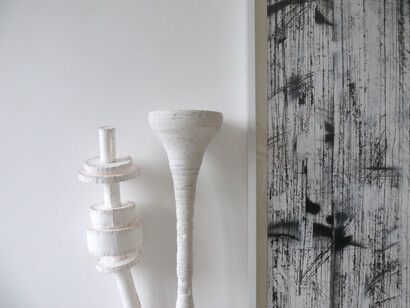'Collapse' installation view. 'Collapse' & 'Lean To' by David MacDiarmid. 'Sluff 1' by Kate Palmer. Image David MacDiarmid