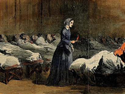 This colored lithograph of Florence Nightingale reflects her pivotal role in shaping healthcare and hospital design, emphasizing her commitment to hygiene and improving patient care