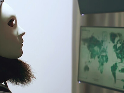 Side view of a mysterious figure in a white mask, symbolizing cyber warfare, AI-driven threats, and the evolving landscape of terrorism