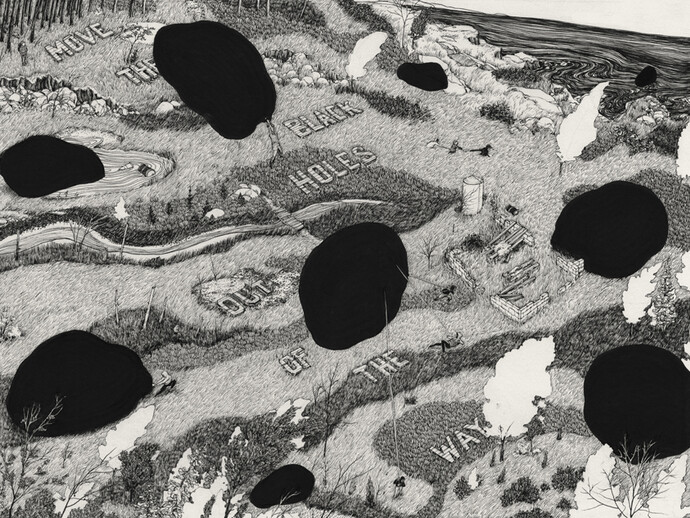 Pat Perry, Move The Black Holes, 2013 inchiostro su carta. Courtesy of Dorothy Circus Gallery 