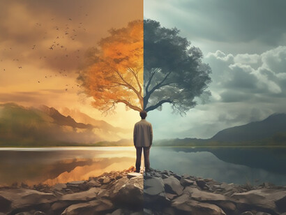 In the image divided into two, a person is between good and evil, one side symbolizing good and the other side evil