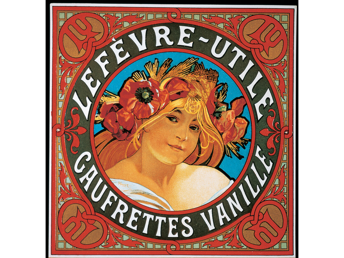 Alphonse Mucha, Label for 'Lefèvre-Utile Gaufrettes Vanille', Colour lithograph © Mucha Trust 2015