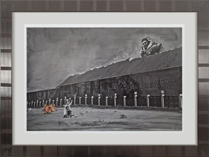 Shurooq Amin, Education and Beyond, 2014, Mixed media on paper in glass & stainless steel frame, 101 x 135 cm