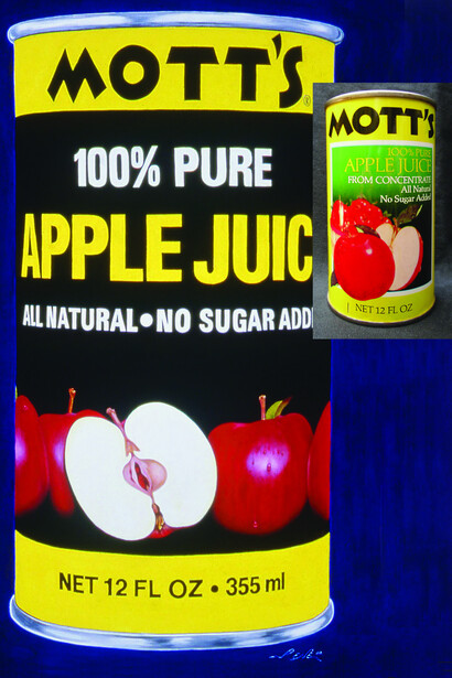 'Mott’s Apple Juice Can', oil on canvas of actual can, 42”x62” 1983, label changed by Mott’s at right