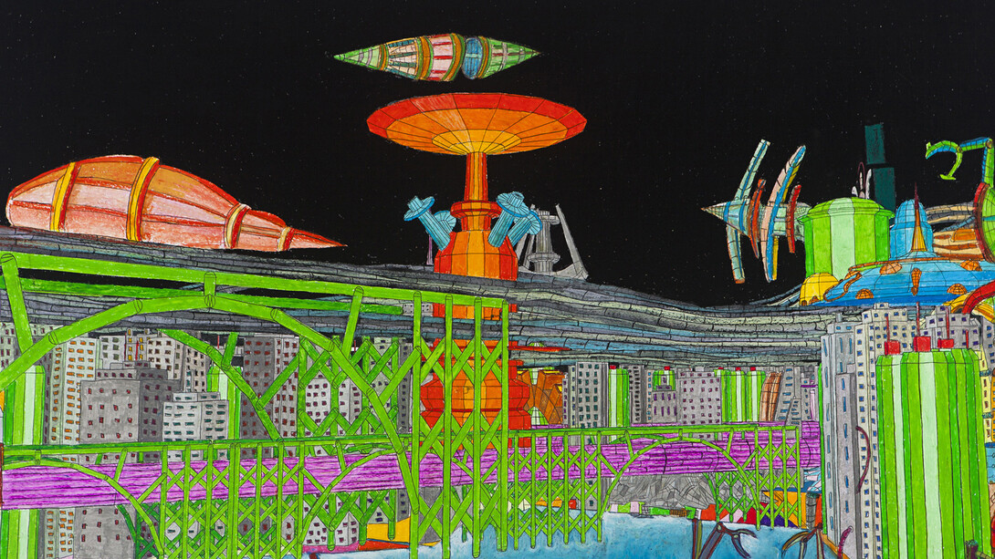 Marco Bolognesi, Propaganda Sendai: Alpha Centauri, 2014, photocollage, pastello ad olio, 107 x 154 cm