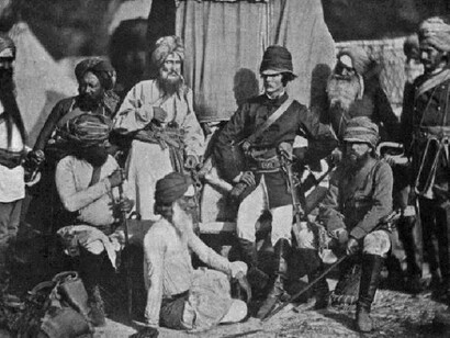 Lt. C.H. Mecham (centre) and Lt. Surgeon Anderson (seated, right), of the British Hodson's Horse cavalry regiment, in India during the Indian Rebellion (also known as the Indian Mutiny) of 1857. The regiment was raised in specific response to the rebellion. (Photo by Henry Guttmann/Hulton Archive/Getty Images)