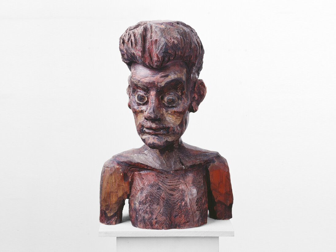 Hans Scheib, Head of a Young Man, 2005, acrylic on wood, 18 1/2 x 12 1/2 x 10 inches (47 x 31.8 x 25.4 cm)