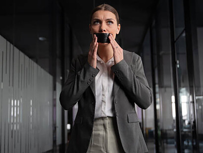 In a modern office, a woman in a gray suit covers her mouth with black tape, her expression one of worry, symbolizing the oppression of political persecution under an authoritarian regime