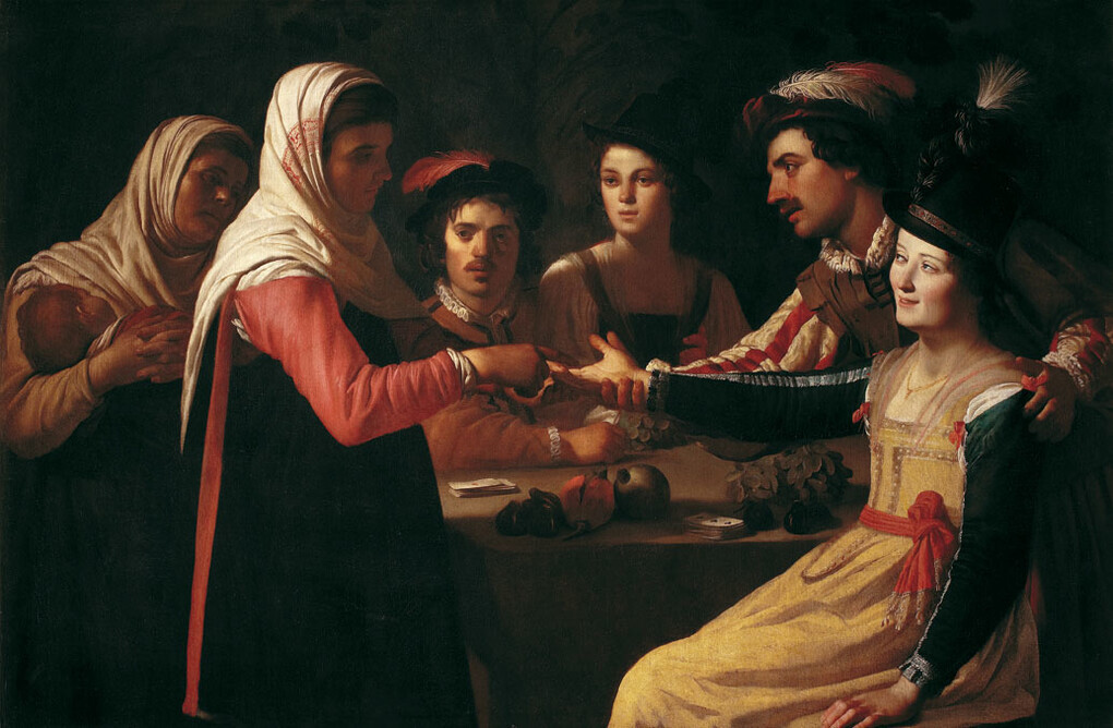 Gerrit van Honthorst, Buona ventura, 1616-1617, Olio su tela, Firenze, Galleria degli Uffizi