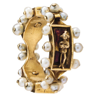 Renaissance Enamel Ring, France-Flanders, Burgundy, mid-15th century, Gold, pearls, ronde-bosse, and red enamel, Griffin Collection. Photograph by Richard Goodbody