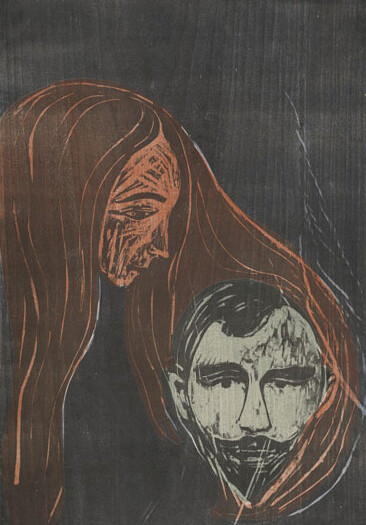 Edvard Munch, Man's Head in Woman's Hair, 1896, color woodcut, National Gallery of Art, Washington, Rosenwald Collection, 1944.14.60