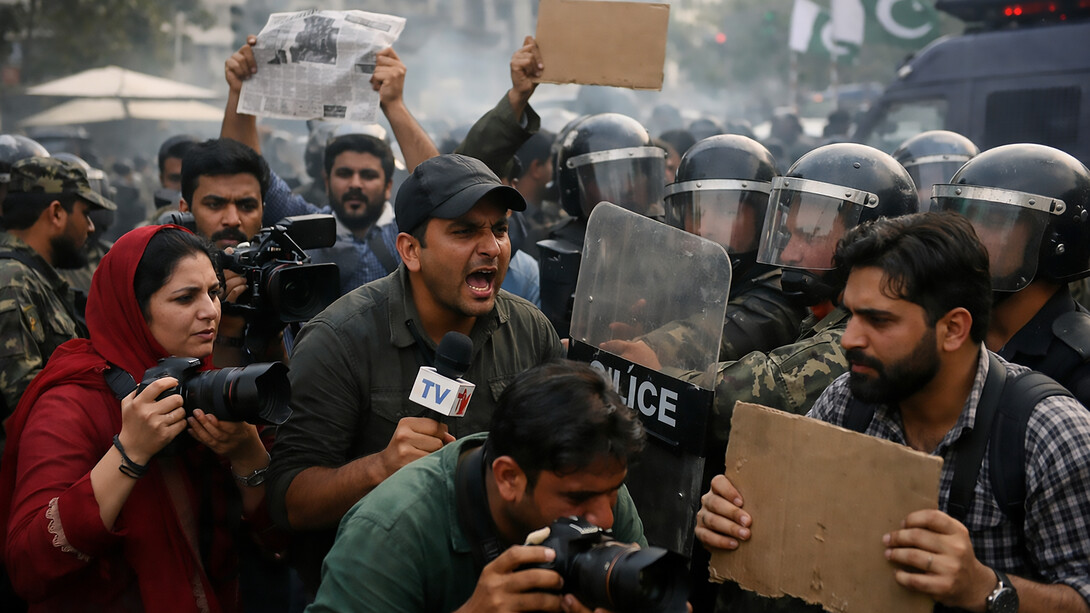 Journalists confront riot police during a protest in Pakistan, capturing the tension between the press and state authorities
