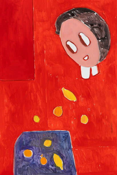 André Butzer, Untitled (Frau am tisch mit früchten), 2025. Mit freundlicher genehmigung der Galerie Max Hetzler