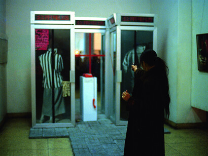 Tang Song and Xiao Lu, "Dialogue", 1989, performance, gunshot into installation. Installation view, China/Avant-Garde, National Art Museum of China, Beijing. Courtesy of the National Art Museum of China.