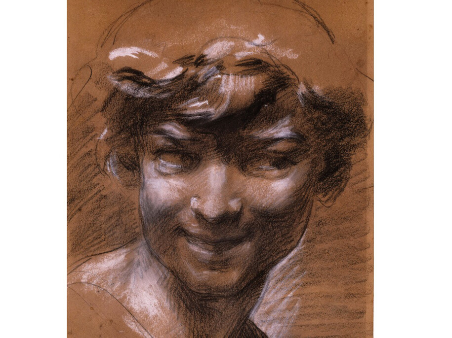 Jean-Baptiste Carpeaux (1827-1875), Tête du Pêcheur à la coquille, Crayon noir avec rehauts de blancs sur papier bistre, 30,5 x 21,5 cm, Paris, musée d’Orsay, RF 5138, © RMN-Grand Palais (Musée d'Orsay) / Jean-Gilles Berizzi