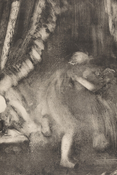 Hilaire‑Germain‑Edgar Degas (French, 1834–1917). Bedtime (Le Coucher), c. 1880 85. Monotype on paper. Plate: 14 7/8 × 10 7/8″ (37.8 × 27.7 cm). Nasjonalmuseet for kunst, arkitektur og design / The National Museum of Art, Architecture and Design.