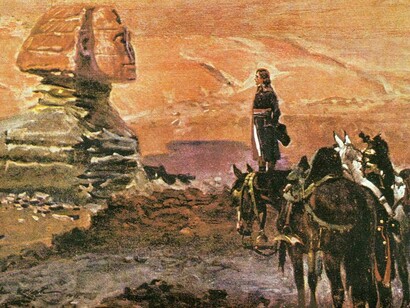 W. Kossak, Egypt, a painting showing a man riding a horse with a pyramid rising in the background