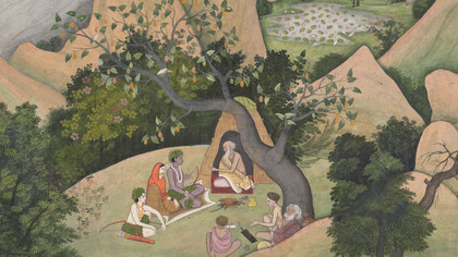 Illustrated folio from a dispersed Ramayana series, created in the late 18th century in Kangra, Himachal Pradesh, India. This delicate painting, now housed in The Metropolitan Museum of Art (accession number 1976.15), captures the serene moment when Rama, Sita, and Lakshmana visit the sage Bharadvaja’s forest hermitage. Rendered in the refined Pahari style, the scene reflects the grace, devotion, and lyrical naturalism characteristic of Kangra painting, with its lush landscape and gentle emotional expression