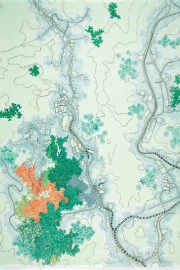 Tiffany Chung. snow covered paths, winter evergreens and defunct coal mines, 2012-2013, ink and oil on vellum and paper, 110 x 70 cm (43.3 x 27.6 in)