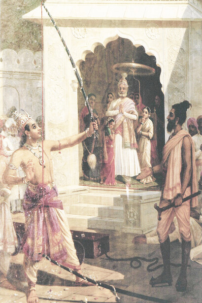 Vishvamitra looks at Rama as he breaks the bow, winning the hand of Sita in marriage. Painting by Raja Ravi Varma