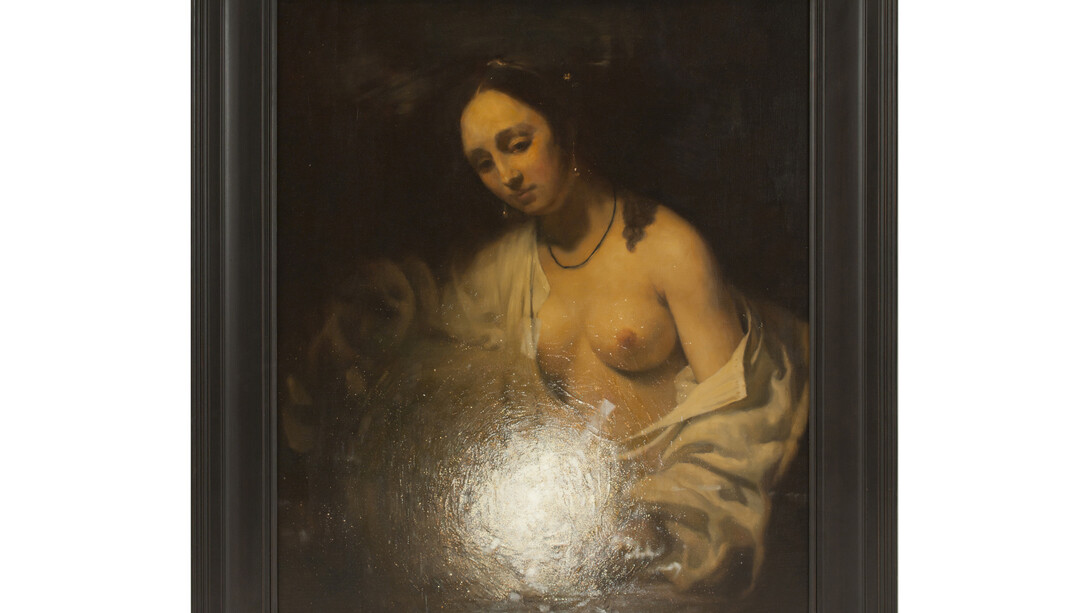 Xu Zhen, Light Source - Bathsheba Holding King David's Letter, 2014, Oil on canvas, 33.8 x 38.6 inches (86 x 98 cm), Produced by MadeIn Company. Image courtesy of James Cohan Gallery, New York and Shanghai