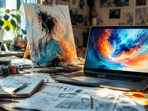A traditional painting studio alongside an AI-generated artwork on a laptop, representing the convergence of human and machine creativity