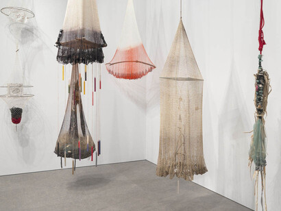 Installation view of Between the Waters (Whitney Museum of American Art, New York, March 9, 2018-). From left to right, back to front: Carolina Caycedo, Cosmotarraya Ver-o-Peso, 2016; Carolina Caycedo, Cosmotarraya Rio Ribeira, 2016; Carolina Caycedo, Cosmotarraya Tapajos, 2016; Carolina Caycedo, Cosmotarraya Cuiabá, 2016; Carolina Caycedo, She Came From the Deep/Ella vino de lo profundo, 2017; Carolina Caycedo, The Binding/ El amarre, 2017. Photograph by Ron Amstutz